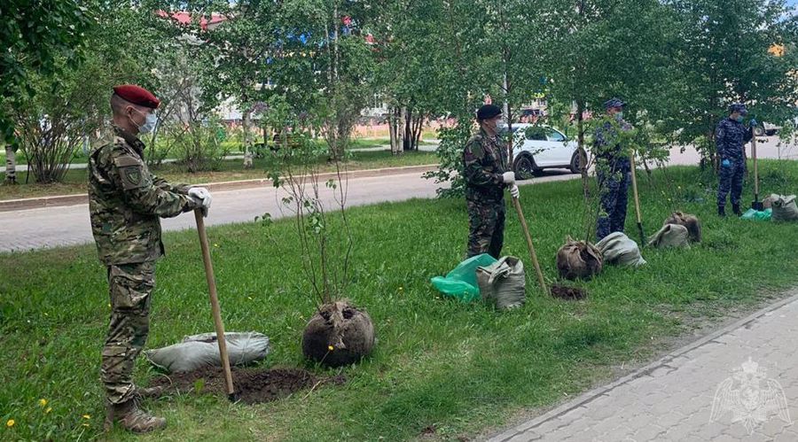 В Югре сотрудники Росгвардии в рамках Всероссийской акции «Сад памяти» высадили 75 саженцев сирени